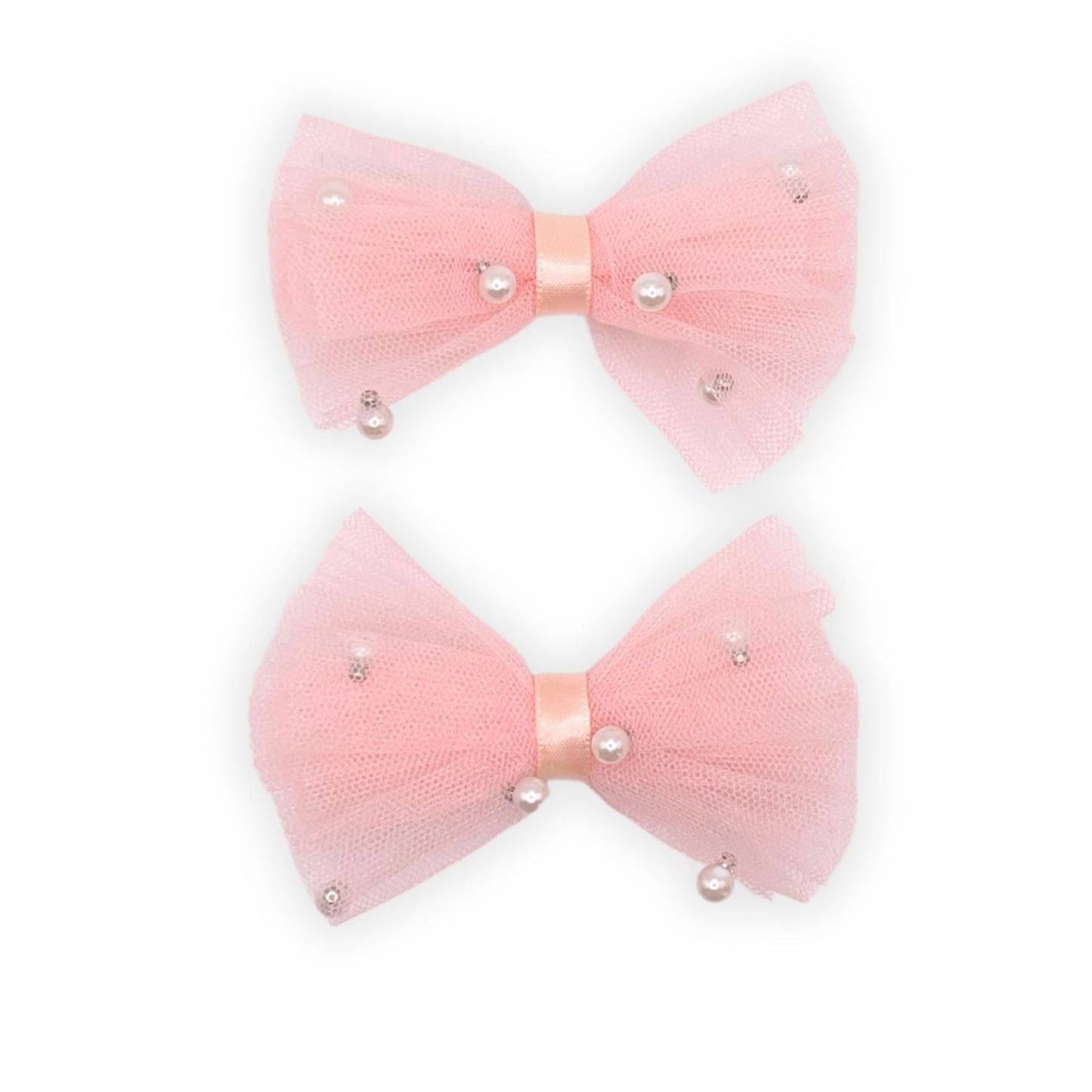 Elegant kids tulle and pearl hair bow clips, adding a stylish touch to any hairstyle for special occasions or everyday wear.