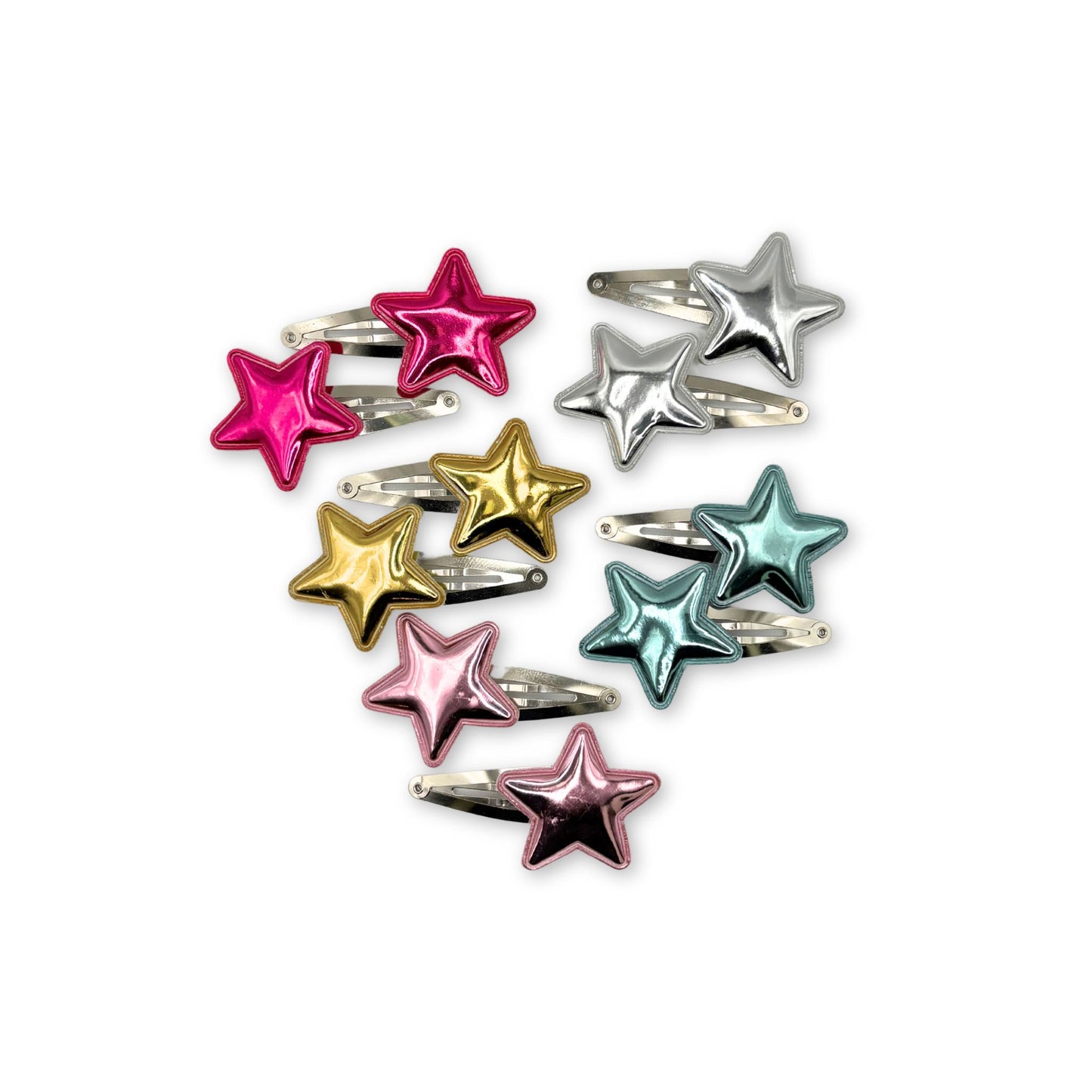Metallic star snap clips in vibrant colors, perfect for securing hair with a touch of sparkle and celestial charm.