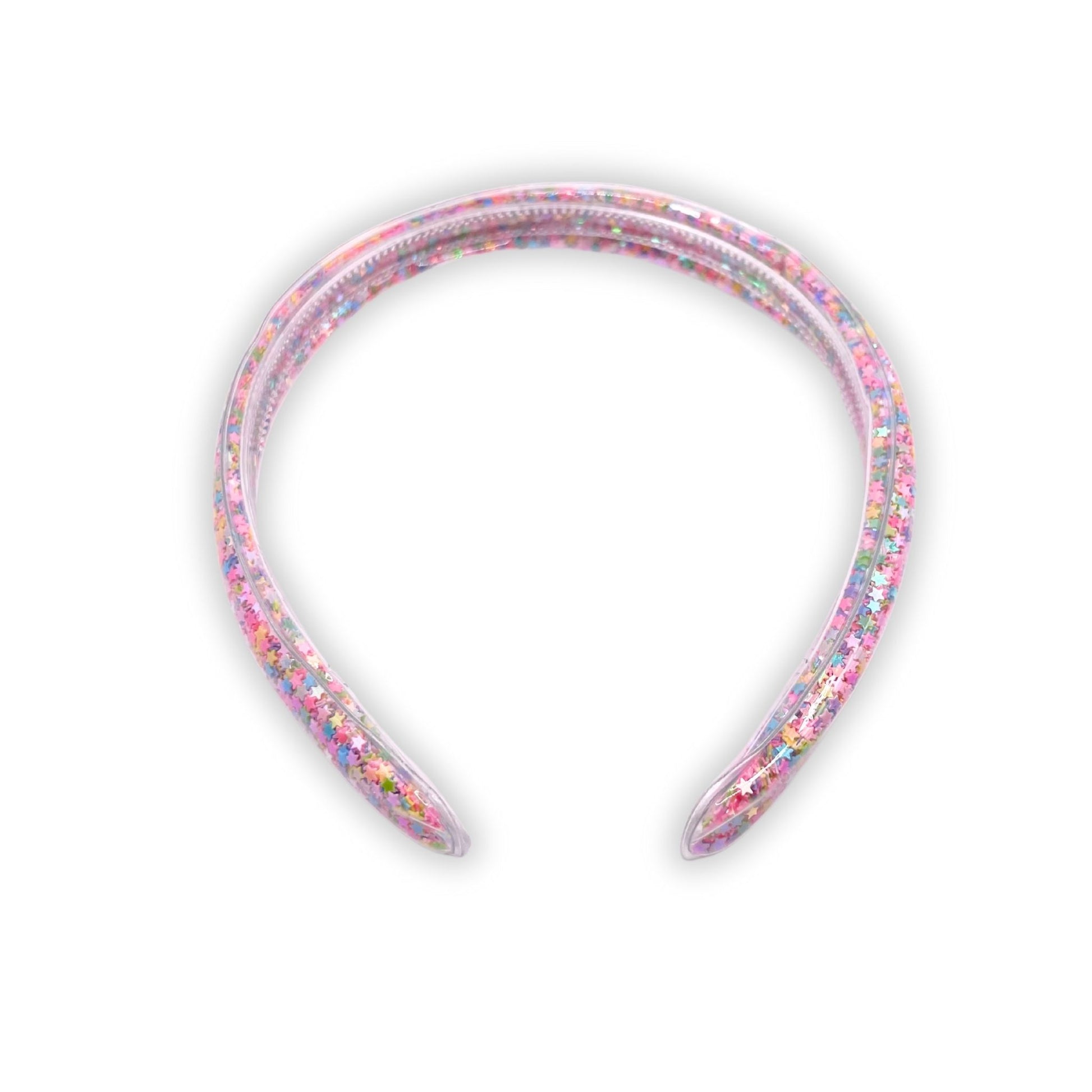 Girls rainbow headband with moving confetti. A cute accessory for adding sparkle to casual or special occasion looks.