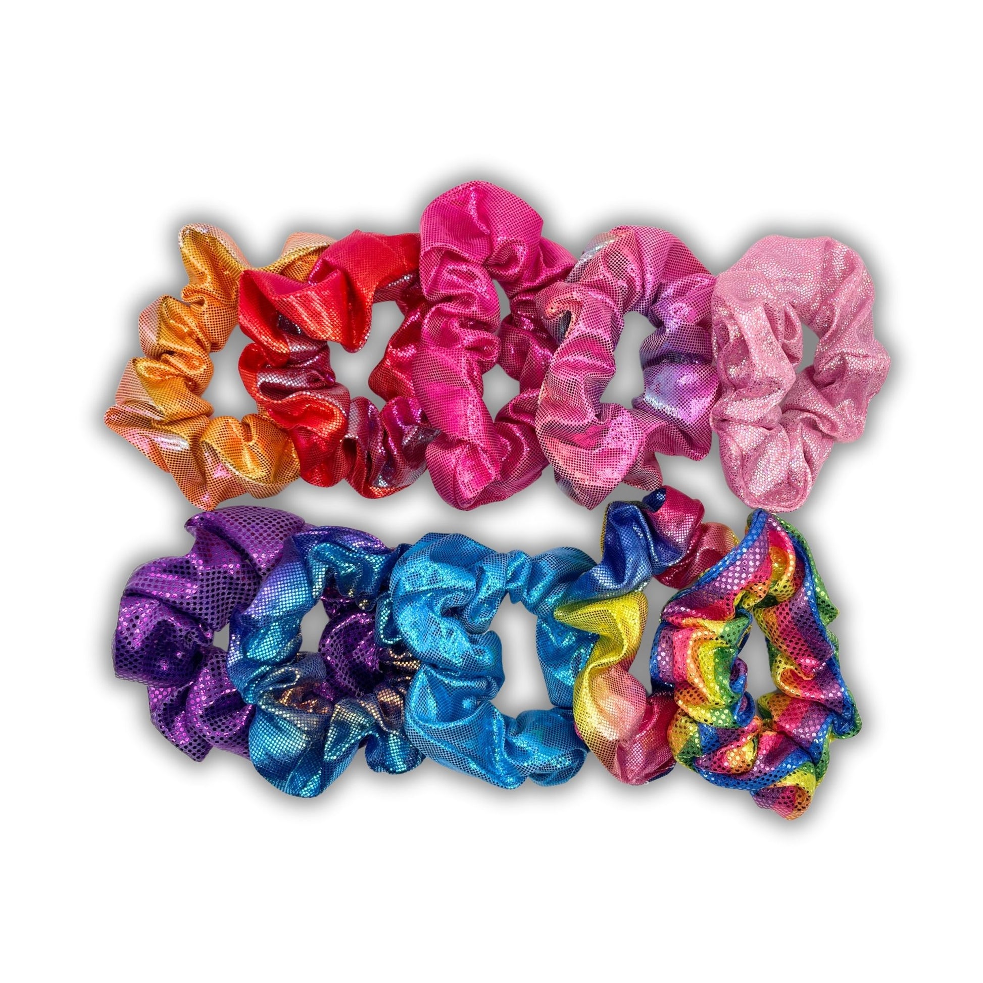 Metallic sparkly scrunchie for kids, adding fun and shine to any hairstyle. Perfect for everyday wear or special occasions.