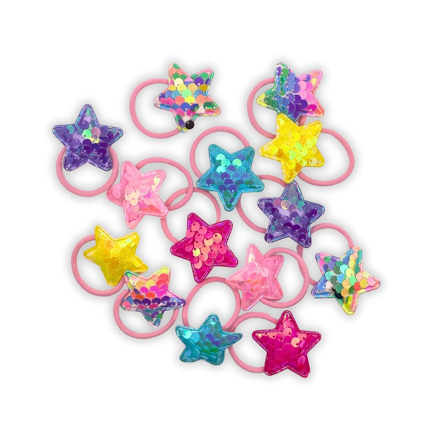 Colorful star sequin hair tie for kids, perfect for fun hairstyles and adding sparkle to any outfit.