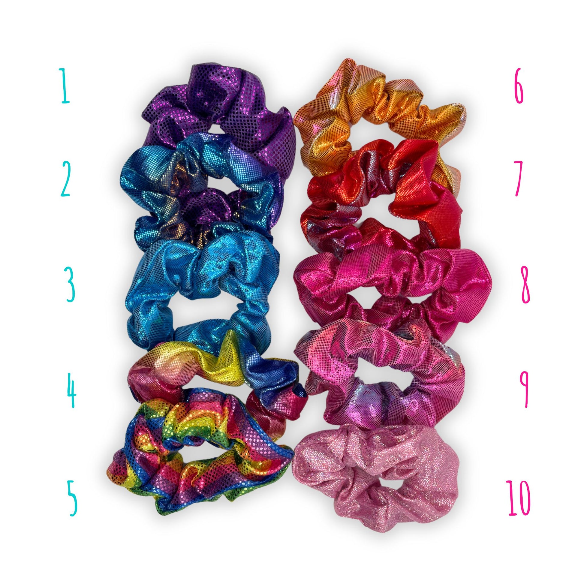 Colorful metallic scrunchie for kids, featuring a sparkly design that brightens up hairstyles for any event or playtime.