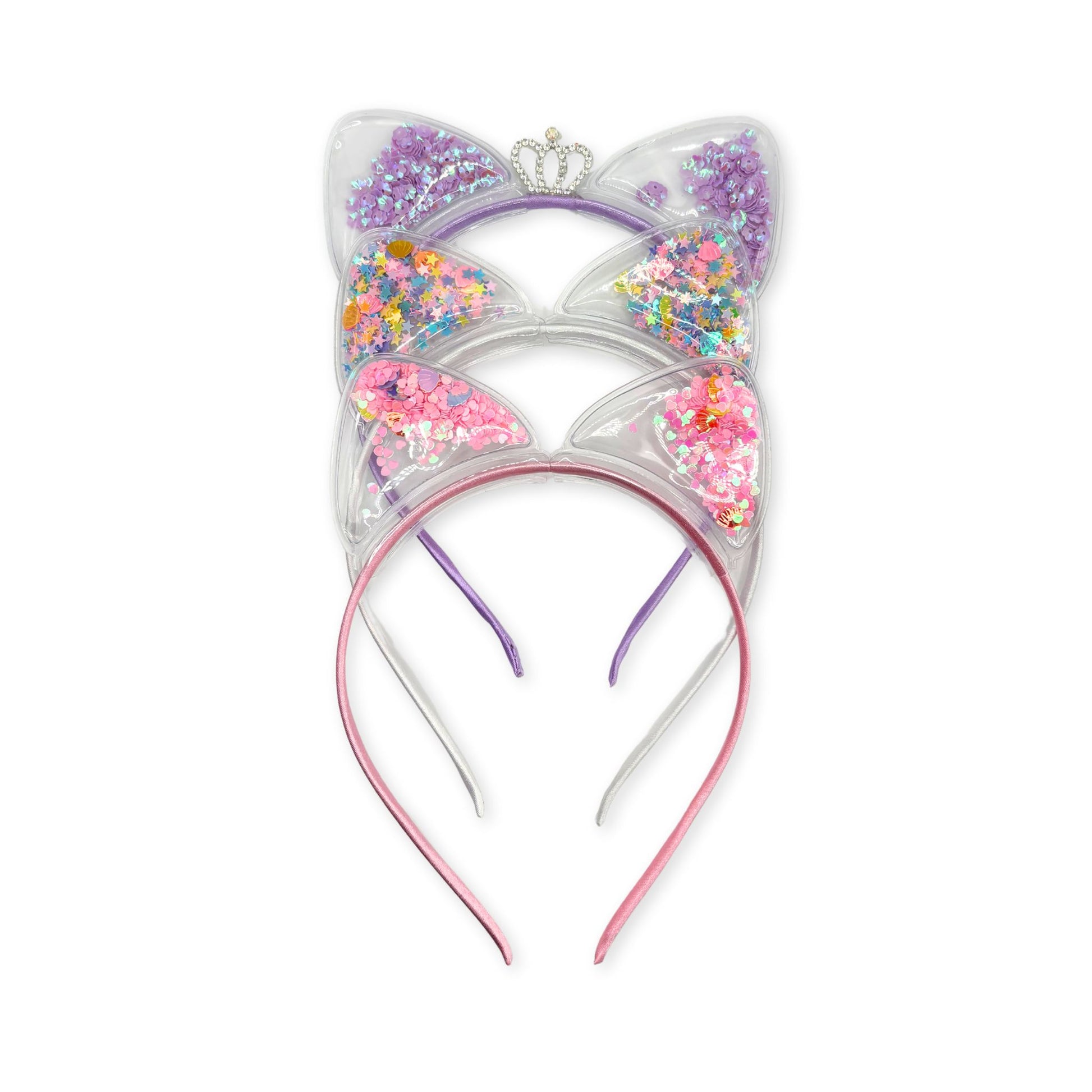 Fun and festive cat ear headbands featuring glittery confetti inside clear ears for a playful, eye-catching accessory.