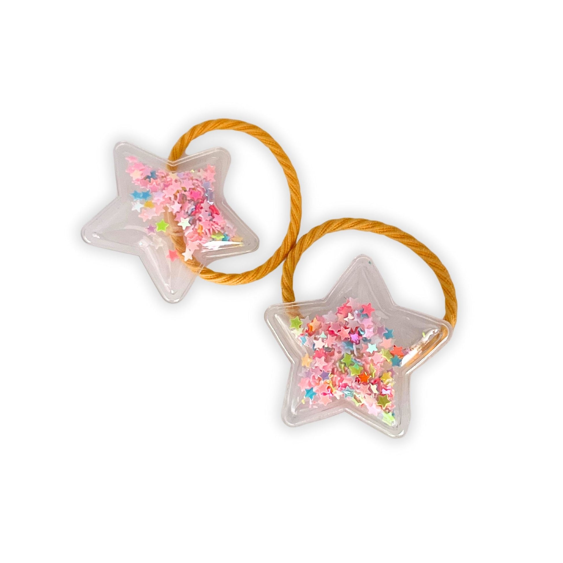 Fun and trendy kids confetti star shaker hair tie adds sparkle to any ponytail, perfect for playful, everyday hairstyles.