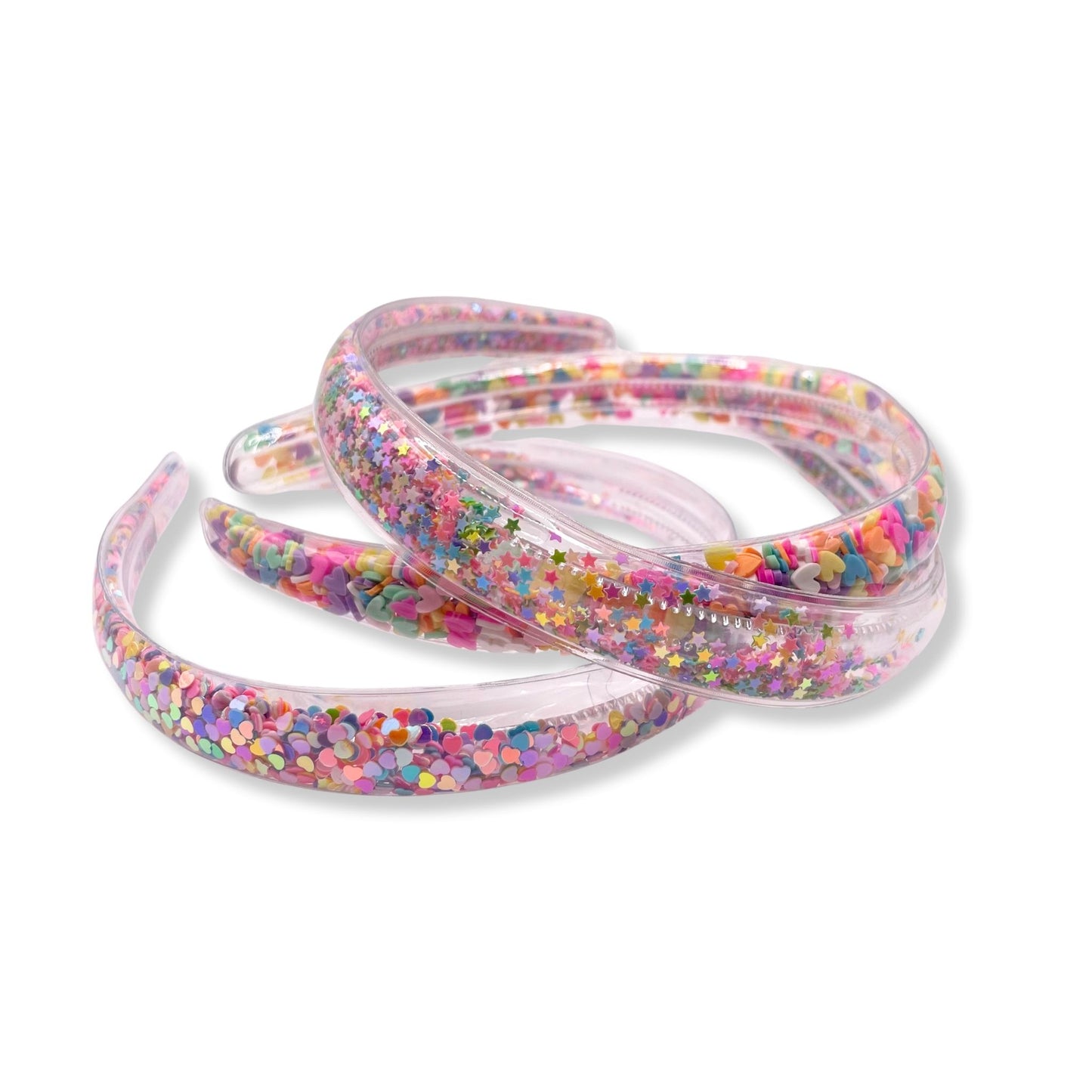 Kids headband with swirling confetti, perfect for adding a fun, colorful touch to any hairstyle for parties or everyday wear.