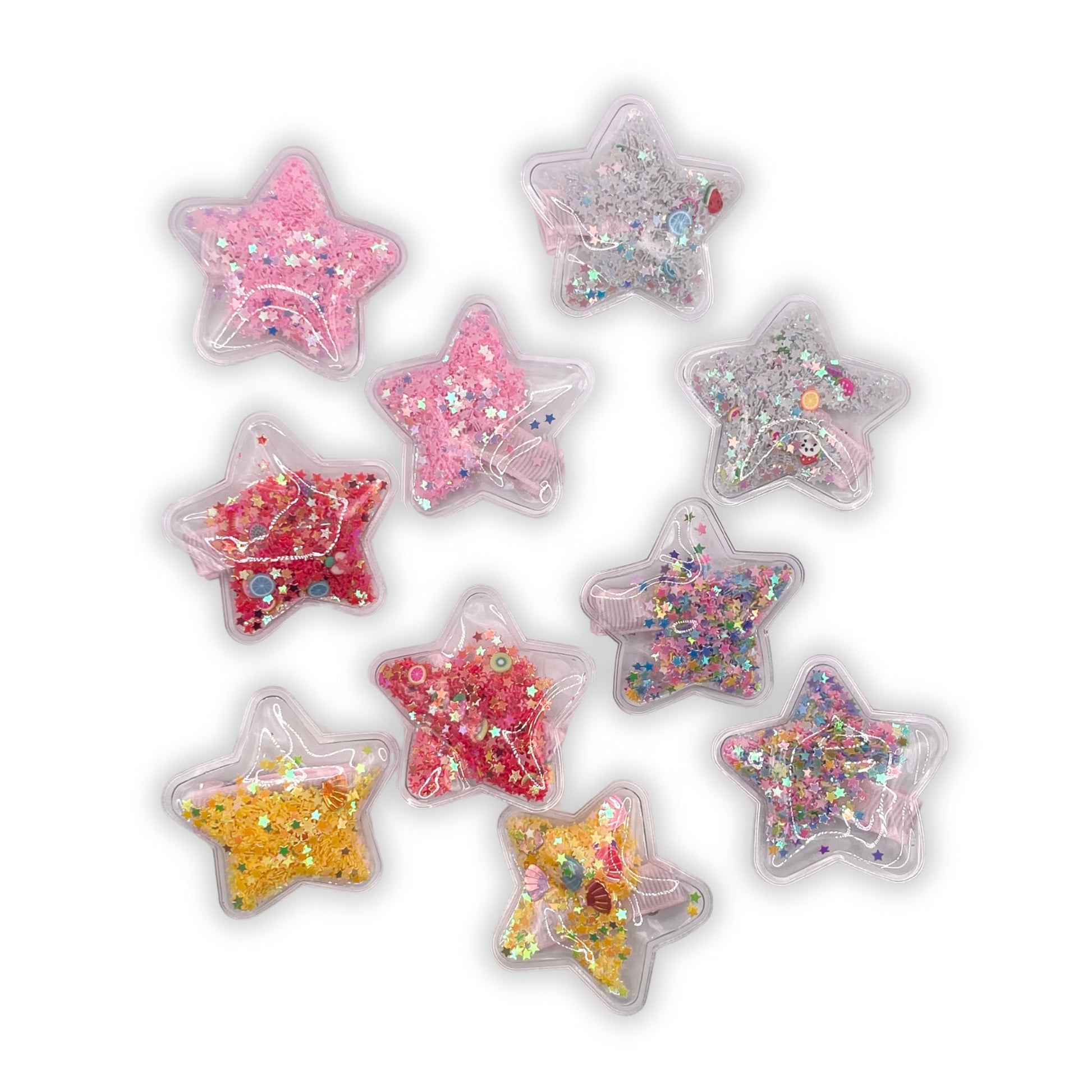 Sparkle and shine with our confetti star hair clips, shimmering star designs for a secure hold and a fun, cute touch to any hairstyle