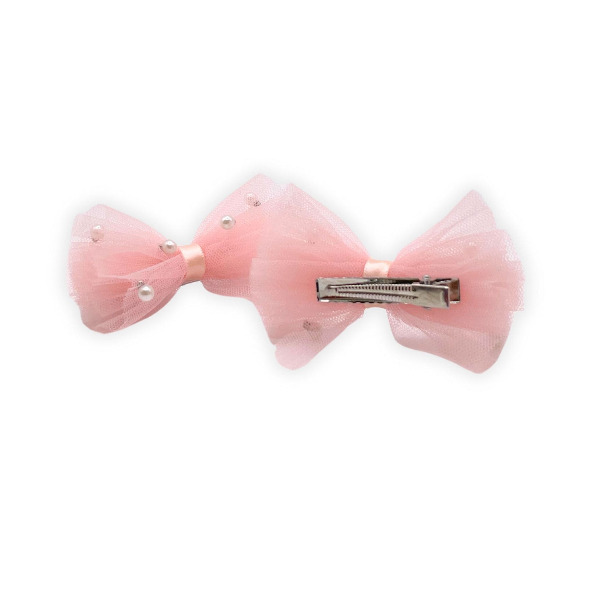 Add elegance to your child's hairstyle with our tulle and pearl hair bow clip. Perfect for special occasions or for any day. 