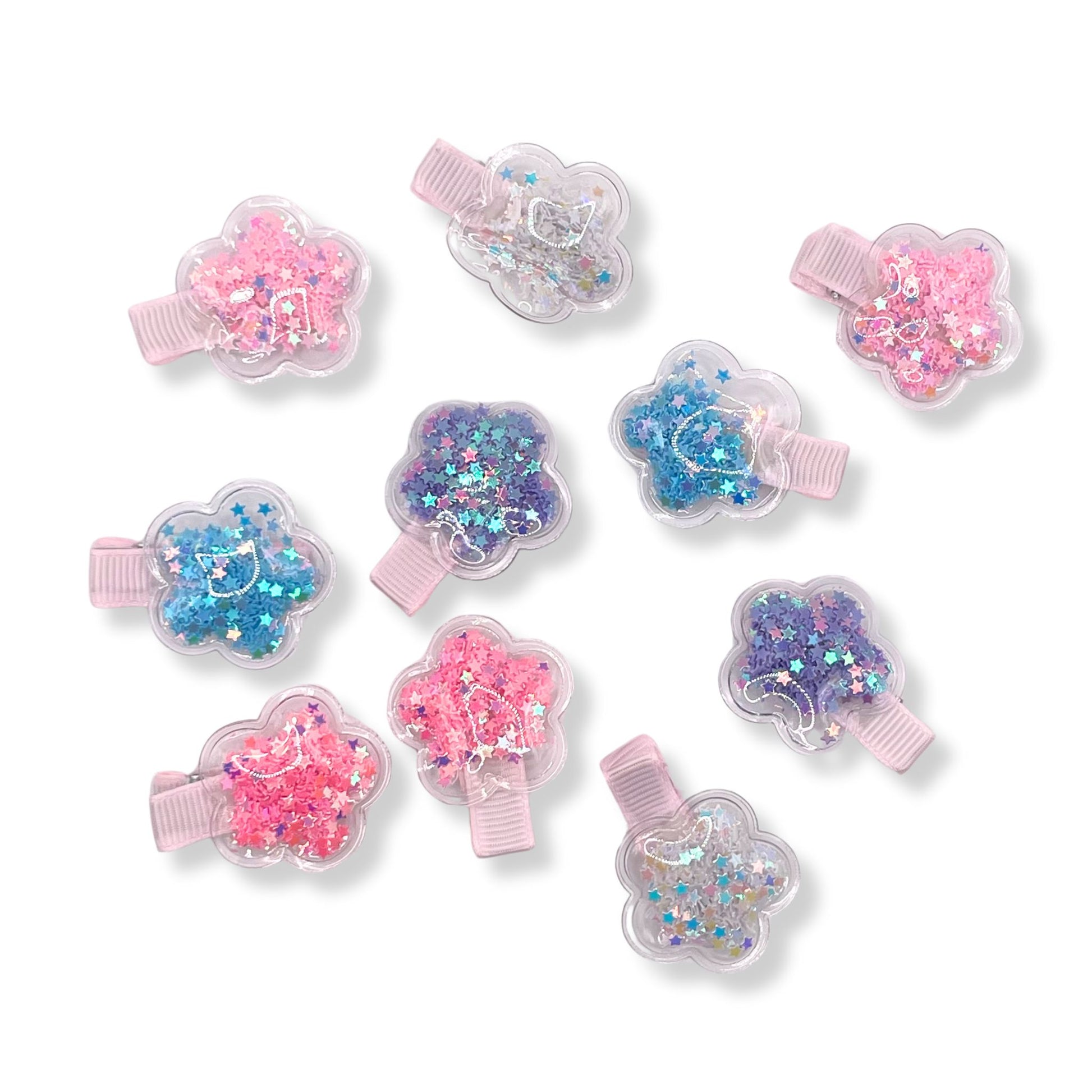 Flower confetti hair clips featuring bright, multicolored flower designs that offer a secure hold and a fun, cute look.