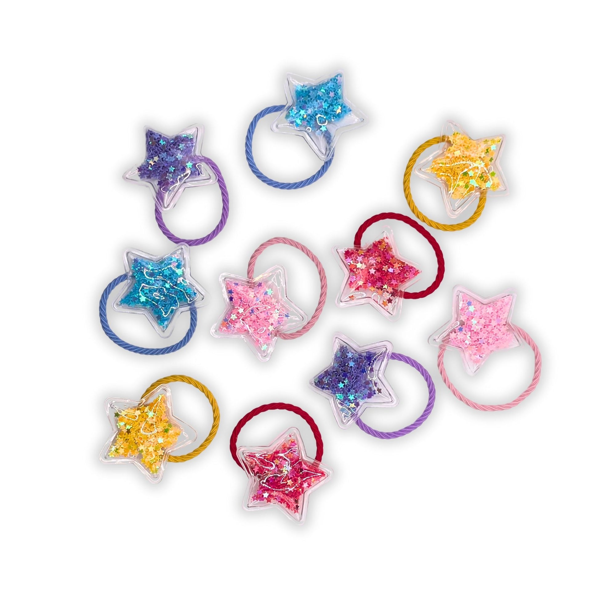 Girls confetti star hair tie with shiny stars, a fun accessory for trendy, colorful ponytails and casual or special occasions.
