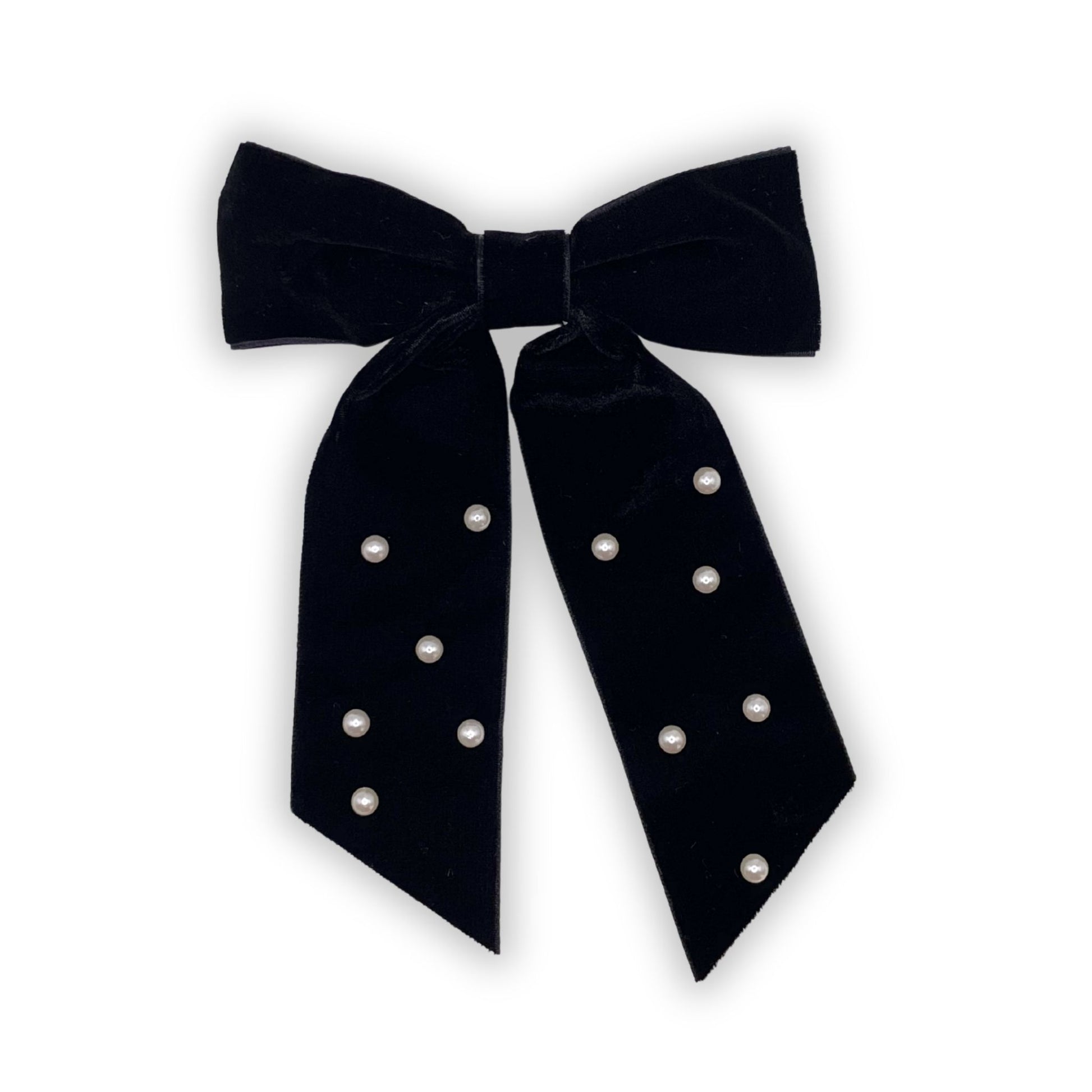 Fancy velvet hair bow with pearl accents, perfect for adding a touch of sophistication to any hairstyle.